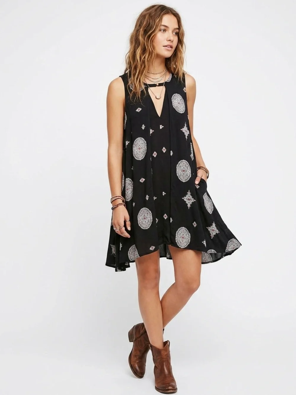 Free People Black Medallion Keyhole Boho Swing Mini Dress M